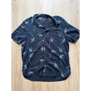 Vince Mens XL Classic Fit Linen Blend Palm Leaf Print Short Sleeve Shirt Navy